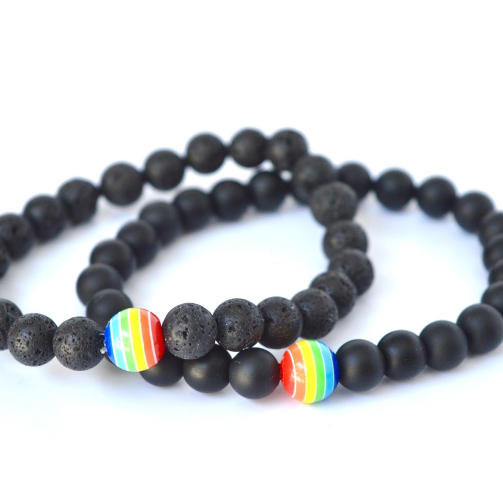 Unisex Gay Pride Onyx Matte Lava Stone Beaded Bracelet